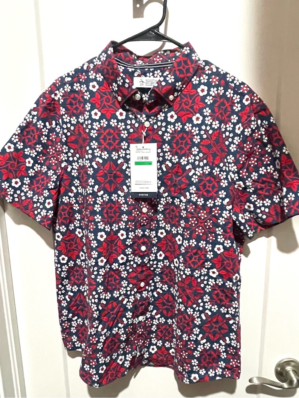 NWT Original Penguin Men’s Large Stretch Floral Button Down Red and Navy Shirt